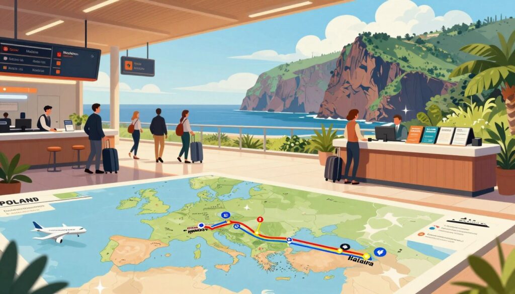 A scenic illustration capturing the travel route from Poland to Madeira. In the foreground, depict a detailed map displaying Poland and Madeira, with travel lines marked in vibrant colors. Include symbols for various modes of transport like airplanes and ferries. In the middle ground, illustrate a modern airport lobby, bustling with travelers in professional attire preparing for a journey, and a travel information desk showcasing brochures about Madeira. In the background, visualize a stunning coastal view of Madeira with its dramatic cliffs and lush greenery, under a bright blue sky with fluffy clouds. Use warm, inviting lighting to create a sense of adventure and excitement, as if inviting viewers to explore this beautiful island destination. A scenic illustration capturing the travel route from Poland to Madeira. In the foreground, depict a detailed map displaying Poland and Madeira, with travel lines marked in vibrant colors. Include symbols for various modes of transport like airplanes and ferries. In the middle ground, illustrate a modern airport lobby, bustling with travelers in professional attire preparing for a journey, and a travel information desk showcasing brochures about Madeira. In the background, visualize a stunning coastal view of Madeira with its dramatic cliffs and lush greenery, under a bright blue sky with fluffy clouds. Use warm, inviting lighting to create a sense of adventure and excitement, as if inviting viewers to explore this beautiful island destination.