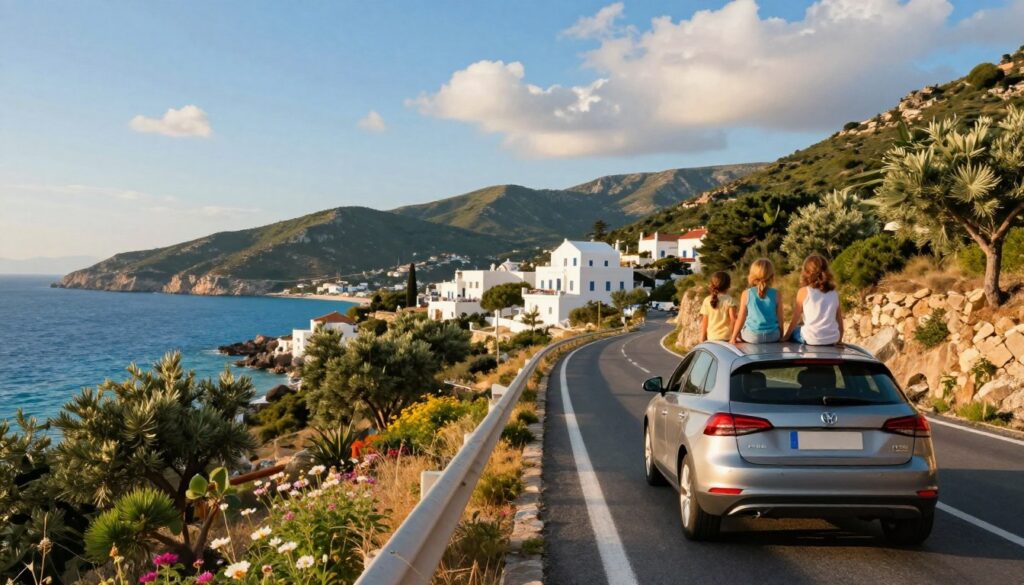 A scenic road trip through the picturesque landscapes of Greece, featuring a modern family car driving along a coastal highway. In the foreground, the car is parked on the roadside with a view of a vibrant blue sea and lush green hills. The middle ground showcases the winding road leading towards distant white-washed buildings typical of Greek architecture, surrounded by olive trees and wildflowers. In the background, a clear blue sky with soft, fluffy clouds illuminates the scene. The lighting is warm and inviting, suggesting late afternoon golden hour. The mood is adventurous and relaxed, capturing the essence of a family vacation on the way to Greece.