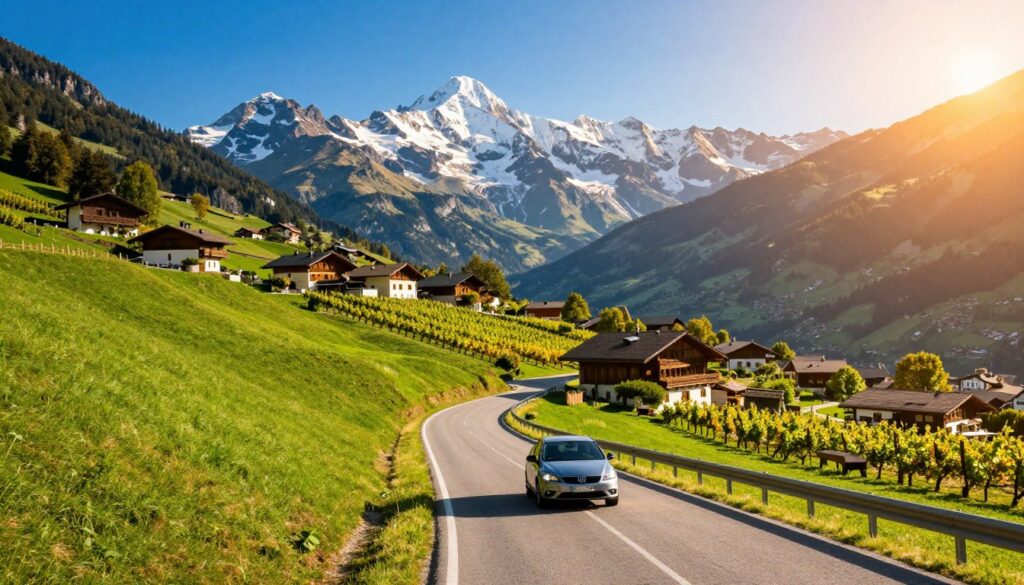A scenic travel route from Poland to Andorra through France and Spain, featuring diverse landscapes. In the foreground, a winding road through lush green hills with a car driving towards the viewer, symbolizing a journey. In the middle ground, charming European villages with traditional architecture and vineyards, under a bright blue sky. The background captures the majestic Pyrenees mountains, with snow-capped peaks contrasting against the backdrop of a sunset, casting warm golden light across the scene. The atmosphere is inviting and adventurous, reflecting the excitement of travel. The image is shot with a wide-angle lens to emphasize the road and landscape, creating depth and perspective.