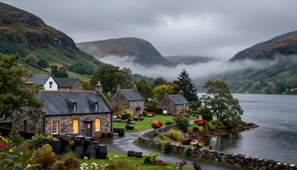 A scenic view of Loch Ness in Scotland, showcasing lush, rolling hills and mist rising from the dark, mysterious waters. In the foreground, a traditional Scottish whisky distillery, with barrels stacked neatly outside and a warm, inviting glow emanating from the windows. The middle ground features a picturesque village with stone cottages, adorned with vibrant flowers and lush greenery, reflecting Scottish architectural styles. In the background, the iconic Scottish Highlands rise, with dramatic peaks under a moody, overcast sky that hints at the legend of the Loch Ness Monster. The atmosphere feels mystical and serene, with soft, diffused lighting and a gentle breeze that rustles the foliage. Capture this scene in a wide-angle view to emphasize the vastness of the landscape and the deep cultural ties to Scotland, evoking a sense of history and allure.