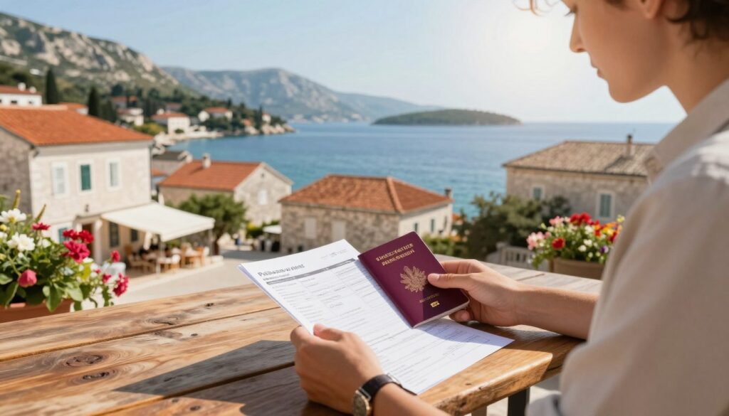 A scenic view of a Croatian coastal town, highlighting a calm and sunny atmosphere for a travel stay of up to ninety days. In the foreground, a professional individual in modest casual attire is reviewing travel documents, such as a passport and a travel itinerary, on a rustic wooden table. In the middle ground, picturesque buildings with traditional Mediterranean architecture and vibrant flowers juxtapose the serene blue water of the Adriatic Sea. The background features rolling hills and sun-bleached cliffs under a clear sky, capturing the essence of a summertime getaway. Use soft, warm lighting to enhance the inviting mood, with a slight lens flare to give a dreamy feel, while maintaining a focus on the travel documents and the person’s thoughtful expression. A scenic view of a Croatian coastal town, highlighting a calm and sunny atmosphere for a travel stay of up to ninety days. In the foreground, a professional individual in modest casual attire is reviewing travel documents, such as a passport and a travel itinerary, on a rustic wooden table. In the middle ground, picturesque buildings with traditional Mediterranean architecture and vibrant flowers juxtapose the serene blue water of the Adriatic Sea. The background features rolling hills and sun-bleached cliffs under a clear sky, capturing the essence of a summertime getaway. Use soft, warm lighting to enhance the inviting mood, with a slight lens flare to give a dreamy feel, while maintaining a focus on the travel documents and the person’s thoughtful expression.