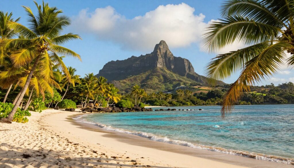 A scenic view of the tropical climate in Mauritius, showcasing vibrant lush greenery and palm trees swaying in the gentle breeze. In the foreground, include a pristine white sandy beach with soft waves lapping at the shore. The middle ground features a bright blue lagoon encapsulated by coral reefs, ideal for snorkeling. The background reveals a dramatic mountain landscape under a clear sky, with fluffy white clouds scattered above. The lighting is warm and inviting, simulating a late afternoon sun casting soft shadows. The mood is serene and idyllic, encapsulating the essence of Mauritius as a tropical paradise.