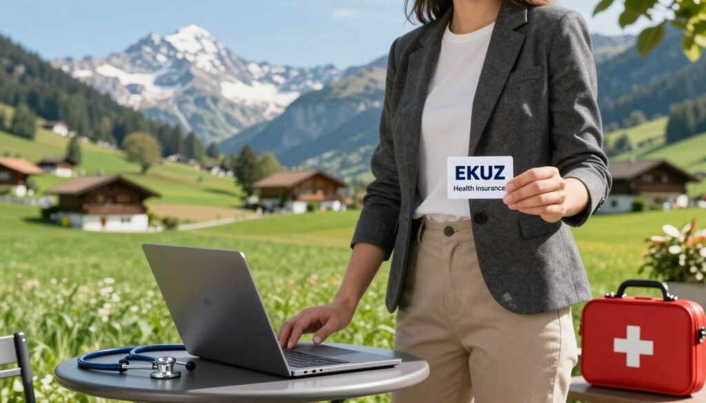 A serene Swiss landscape featuring a picturesque view of the Alps in the background, dotted with iconic chalets. In the foreground, a professional-looking individual wearing smart casual attire, perhaps holding an EKUZ card, stands by a small outdoor café table with a laptop open, indicating work or research related to health insurance. Surrounding the individual are health-related symbols subtly integrated, such as a stethoscope and a first aid kit, blending into the natural scenery. Soft, natural lighting casts gentle shadows, creating a warm and inviting atmosphere. The scene evokes a sense of security and health, suitable for the theme of health insurance in Switzerland, with clear blue skies overhead and lush green fields below.