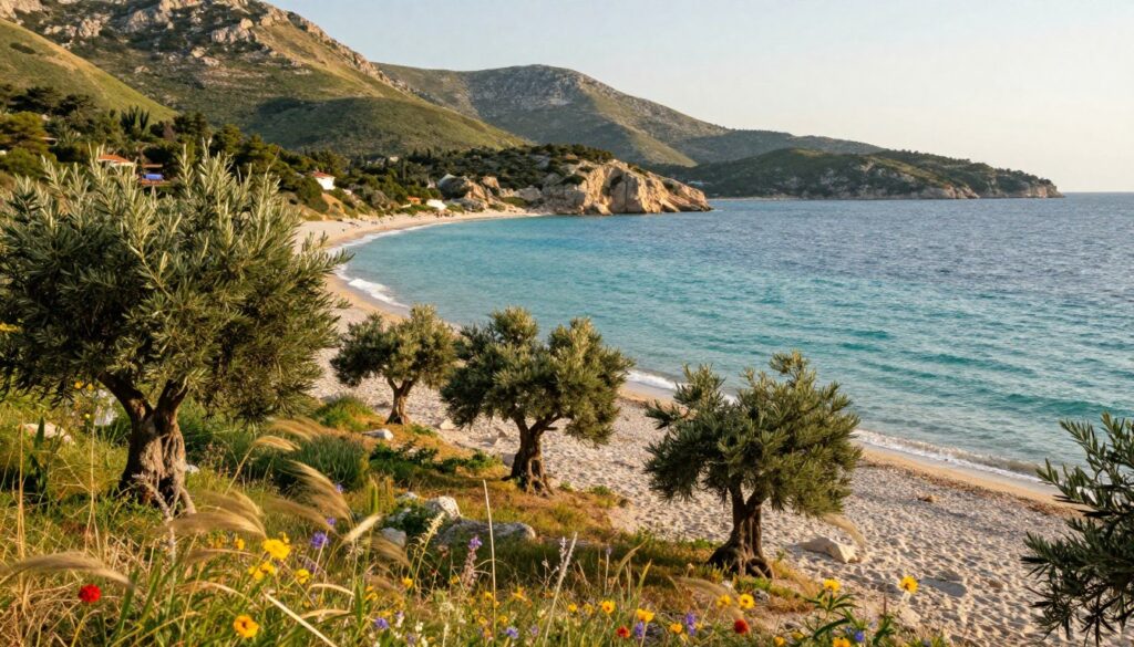A serene coastal scene depicting the climate of Croatia along the Adriatic Sea. In the foreground, lush Mediterranean vegetation includes olive trees and vibrant wildflowers, gently swaying in a warm breeze. The middle ground features a tranquil beach with soft white sand and gentle waves lapping at the shore, highlighting the clear turquoise water. In the background, picturesque rolling hills covered in green and rocky cliffs rise sharply from the shoreline. The scene is illuminated by soft, golden sunlight of a clear summer day, casting gentle shadows and creating a warm, inviting atmosphere. The angle captures a wide view of the beautiful coastline, enhancing the feeling of peace and connection with nature.