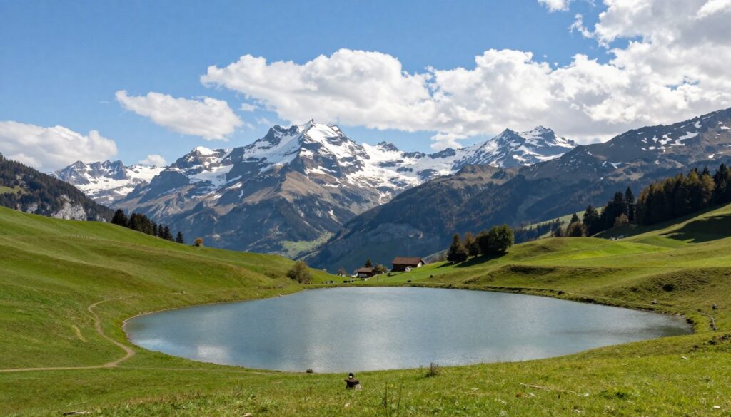 A serene landscape illustrating the concept of Switzerland's lack of access to the sea. In the foreground, a tranquil lake surrounded by rolling green hills, symbolizing bodies of water that are not the open ocean. The middle ground shows a picturesque view of the Swiss Alps, partly covered in snow, casting shadows over the landscape. In the background, a clear blue sky with fluffy white clouds creates a bright, inviting atmosphere. The scene is illuminated by soft afternoon sunlight, enhancing the tranquil mood. The angle should be slightly elevated, capturing both the lake and the mountains harmoniously. The overall feeling should evoke a sense of peaceful isolation, emphasizing Switzerland's geographical inland position.