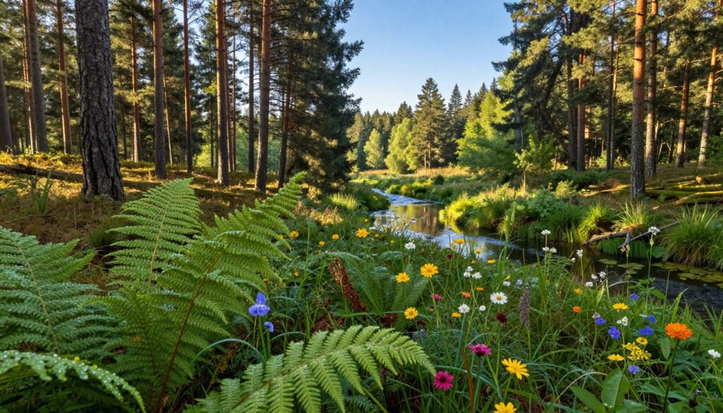 A serene landscape of Bory Tucholskie, showcasing the lush forests and diverse flora. In the foreground, detailed close-ups of ferns and wildflowers in vibrant colors, with dewdrops glistening in the morning light. The middle ground features tall, majestic pine trees standing in a dense, tranquil forest. Sunlight filters through the canopy, casting dappled shadows on the forest floor. In the background, a gentle stream meanders, reflecting the clear blue sky and surrounded by a rich tapestry of greenery. The atmosphere is peaceful and inviting, capturing the essence of nature's beauty with soft, natural lighting and a focus on the intricate details of the ecosystem. The scene is devoid of people or any man-made elements, creating a pure nature experience. A serene landscape of Bory Tucholskie, showcasing the lush forests and diverse flora. In the foreground, detailed close-ups of ferns and wildflowers in vibrant colors, with dewdrops glistening in the morning light. The middle ground features tall, majestic pine trees standing in a dense, tranquil forest. Sunlight filters through the canopy, casting dappled shadows on the forest floor. In the background, a gentle stream meanders, reflecting the clear blue sky and surrounded by a rich tapestry of greenery. The atmosphere is peaceful and inviting, capturing the essence of nature's beauty with soft, natural lighting and a focus on the intricate details of the ecosystem. The scene is devoid of people or any man-made elements, creating a pure nature experience.