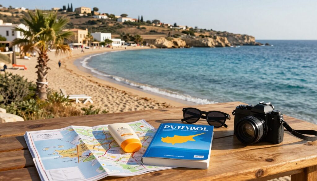 A serene landscape of Cyprus showcasing the beautiful Mediterranean coastline. In the foreground, a well-organized traveler's essentials laid out on a wooden table: a map of Cyprus, sunscreen, a travel guidebook, sunglasses, and a camera. The middle features a picturesque view of sandy beaches and clear blue water, with a few palm trees swaying gently. In the background, the rolling hills dotted with traditional stone houses reflect the island's charm. The scene is bathed in warm, golden sunlight, creating a relaxed yet adventurous atmosphere. The angle should be slightly elevated, capturing both the allure of the beach and the practicality of travel preparation. The overall mood is inviting and informative, perfect for someone planning a trip to Cyprus. A serene landscape of Cyprus showcasing the beautiful Mediterranean coastline. In the foreground, a well-organized traveler's essentials laid out on a wooden table: a map of Cyprus, sunscreen, a travel guidebook, sunglasses, and a camera. The middle features a picturesque view of sandy beaches and clear blue water, with a few palm trees swaying gently. In the background, the rolling hills dotted with traditional stone houses reflect the island's charm. The scene is bathed in warm, golden sunlight, creating a relaxed yet adventurous atmosphere. The angle should be slightly elevated, capturing both the allure of the beach and the practicality of travel preparation. The overall mood is inviting and informative, perfect for someone planning a trip to Cyprus.