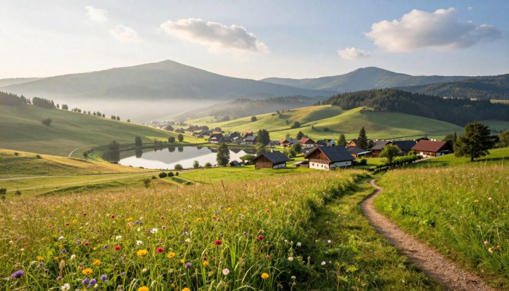 A serene rural landscape near the Bieszczady Mountains, showcasing attractions beyond the mountain ridges. In the foreground, a lush, green meadow dotted with colorful wildflowers and a winding trail leading towards a small, picturesque village. The middle ground features gently rolling hills and a tranquil lake reflecting the sky, with quaint wooden cottages nestled among trees. In the background, the soft silhouette of the Bieszczady peaks can be seen, shrouded in a light morning mist. Bright, warm sunlight filters through scattered clouds, creating a peaceful atmosphere. The scene conveys a sense of exploration and accessibility, highlighting the natural beauty and charm of the region. The angle captures a wide panoramic view, evoking feelings of tranquility and adventure in this hidden gem of Poland.