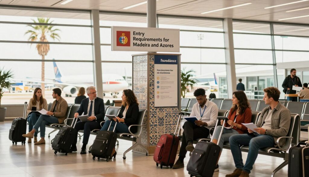 A serene travel scene depicting an airport arrival lounge, showcasing travelers waiting with their luggage. In the foreground, a diverse group of people in professional business attire and modest casual clothing discuss their travel plans, illustrative of the topic of entry requirements. In the middle, clear signage indicating "Entry Requirements for Madeira and Azores" with traditional Portuguese elements, such as patterned tiles in the design. In the background, large windows reveal a bright day with palm trees and a glimpse of airplanes parked outside, evoking a sense of adventure. The lighting is warm and inviting, creating a positive atmosphere. Capture a wide-angle perspective to emphasize the bustling yet organized environment of travel, without any captions or text overlays.