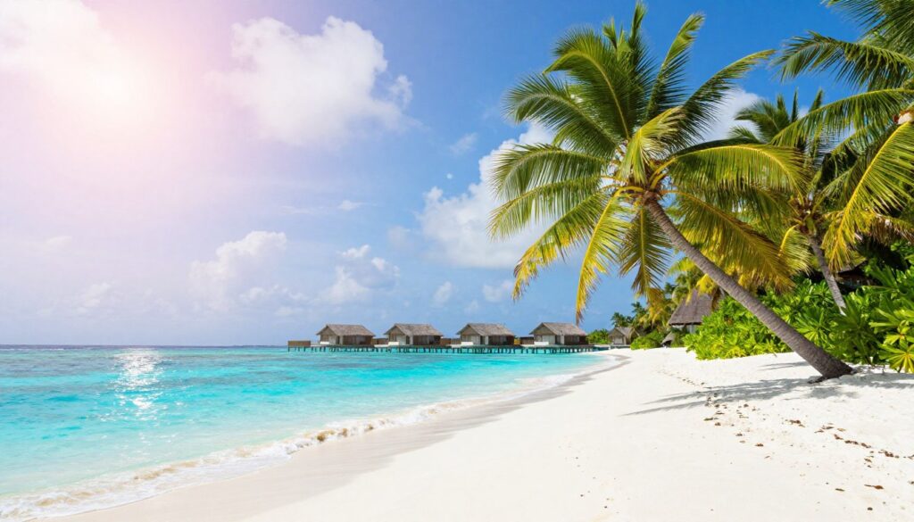 A serene tropical scene depicting the climate and weather of the Maldives. In the foreground, a pristine white sandy beach with soft blue waves gently lapping at the shore. Rich lush green palm trees bend slightly in a warm, gentle breeze. In the middle ground, a cluster of overwater bungalows with vibrant turquoise water reflecting the bright sunlight, scattered clouds in the sky. The background features a distant horizon where the ocean meets the sky, creating a dreamy gradient of blues and soft pastels. The atmosphere is tranquil and inviting, evoking the beauty of an idyllic tropical paradise. Lighting is bright and sunny, enhancing the vibrant colors, with a slight lens flare to capture the warmth of the sun.