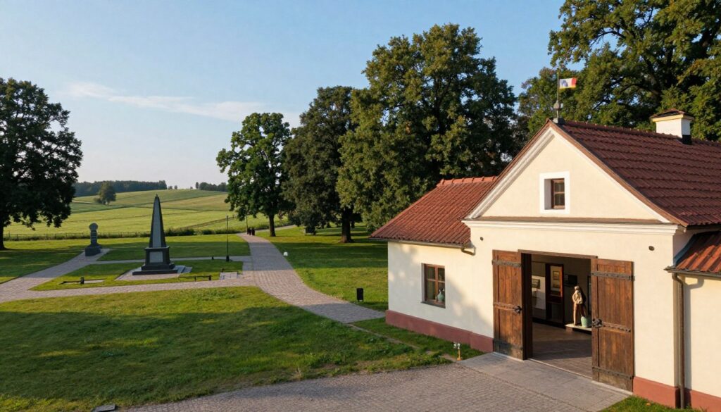 A serene view of the Battle Museum and memorial sites located on the historic fields of Grunwald, Poland. In the foreground, a meticulously detailed museum entrance showcases traditional Polish architecture with large wooden doors and historical exhibits visible through the glass. The middle ground features well-maintained paths lined with trees, leading to various commemorative monuments surrounding the area. In the background, rolling green fields stretch towards a clear blue sky, evoking a sense of peace and reflection. The scene is illuminated by soft, natural sunlight, casting gentle shadows and creating a warm, inviting atmosphere. A slight angle from a low perspective enhances the sense of depth, highlighting the importance of this historically significant location.