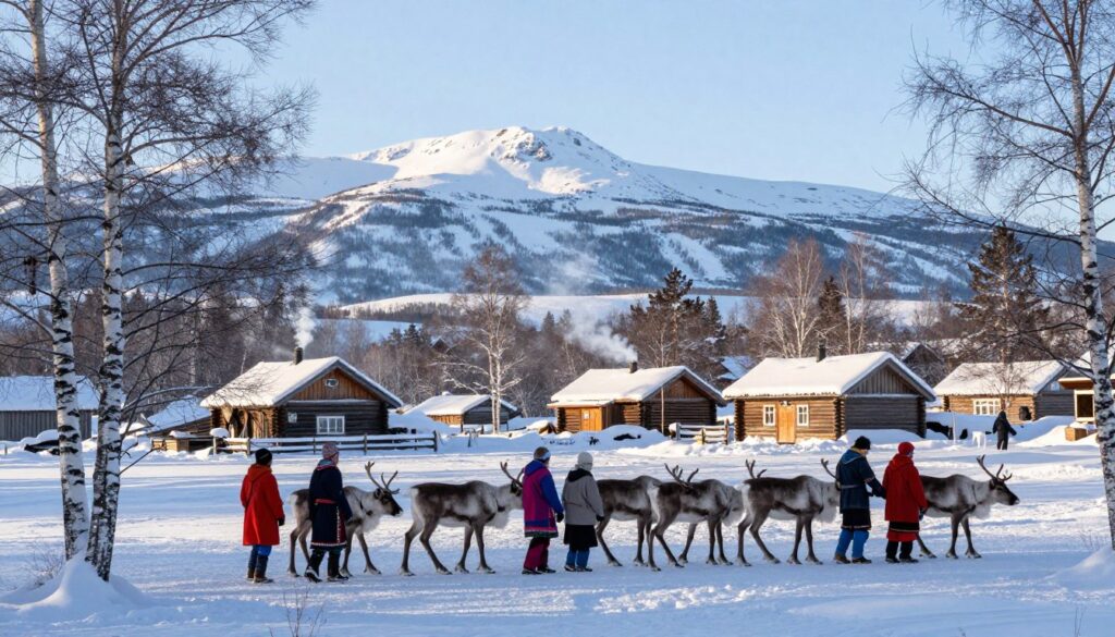 A serene winter landscape depicting a traditional Sami village nestled in the snowy wilderness of Lapland. In the foreground, Sami people dressed in colorful traditional attire are herding a group of reindeer, showcasing their deep connection to the animals. The middle ground features charming wooden huts with smoke rising from chimneys, surrounded by snow-laden trees. In the background, majestic snow-covered mountains under a clear blue sky create a sense of vastness and tranquility. Soft sunlight filters through the trees, casting gentle shadows and illuminating the scene. The mood is peaceful and harmonious, capturing the essence of Sami culture and the natural beauty of the Arctic landscape.