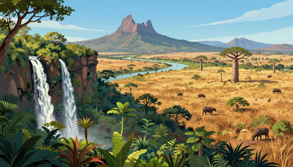 A split-scene illustration showcasing the climate of Madagascar, contrasting the eastern and western sides. In the foreground, depict lush, tropical rainforests overflowing with vibrant vegetation and exotic wildlife on the eastern side, with a cascading waterfall glistening in soft, warm sunlight. In stark contrast, illustrate the arid, sun-drenched savannahs on the western side, featuring dry grasslands, baobab trees, and scattered wildlife, under a clear blue sky. The middle ground should include a gentle transition between the two climates, with a wide river flowing through. The background should highlight Madagascar’s iconic mountainous landscapes. Use natural, bright lighting to create a harmonious atmosphere, capturing the island's diverse climate throughout the day.