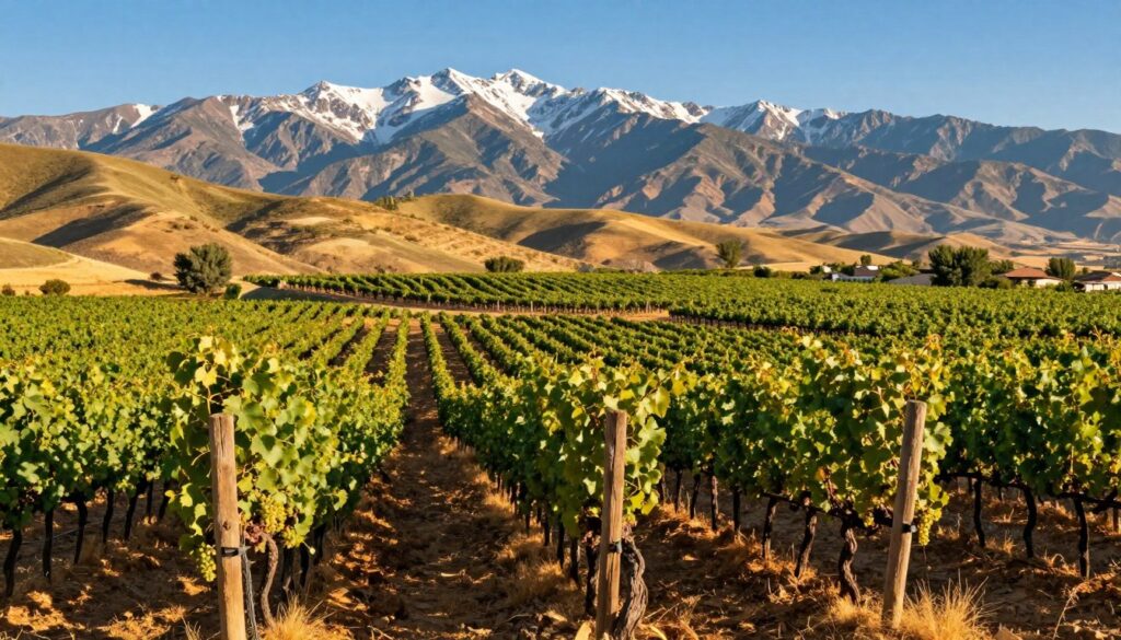 A sprawling vista of Mendoza's vineyards, showcasing lush, green grapevines arranged neatly in rows, stretching across gentle, rolling hills. In the foreground, a rustic wooden trellis adorned with ripe grapes. In the middle, a sun-drenched vineyard scene with bright blue skies and distant mountains shimmering under the midday sun. The Andes provide a dramatic backdrop, their snow-capped peaks contrasting with the golden sunlight. The atmosphere is warm and inviting, highlighting the rich agricultural tradition of the region. Soft shadows play across the vineyards, enhancing the texture and depth of the landscape. Capture this scene from a low angle to emphasize the rows of vines leading the viewer's eye towards the mountains, imparting a sense of tranquility and abundance typical of Mendoza's renowned wine country. A sprawling vista of Mendoza's vineyards, showcasing lush, green grapevines arranged neatly in rows, stretching across gentle, rolling hills. In the foreground, a rustic wooden trellis adorned with ripe grapes. In the middle, a sun-drenched vineyard scene with bright blue skies and distant mountains shimmering under the midday sun. The Andes provide a dramatic backdrop, their snow-capped peaks contrasting with the golden sunlight. The atmosphere is warm and inviting, highlighting the rich agricultural tradition of the region. Soft shadows play across the vineyards, enhancing the texture and depth of the landscape. Capture this scene from a low angle to emphasize the rows of vines leading the viewer's eye towards the mountains, imparting a sense of tranquility and abundance typical of Mendoza's renowned wine country.