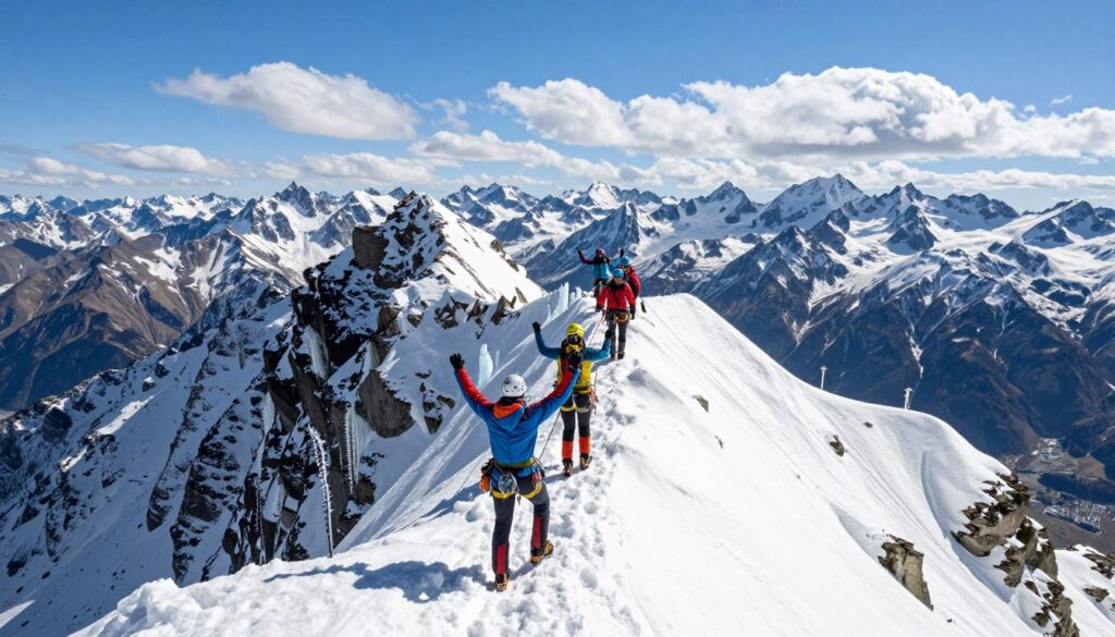 A striking image depicting Polish climbers at the summit of a majestic Himalayan peak. In the foreground, a group of two climbers dressed in colorful, professional mountaineering gear, joyously raising their arms in celebration against a backdrop of stunning snow-capped mountains. The middle ground features rugged cliffs and icicles glistening in the sunlight, with the climbers' footprints visible in the snow. The background reveals the vast expanse of the Himalayan range under a brilliant blue sky dotted with fluffy white clouds. The mood is exhilarating and triumphant, capturing the spirit of adventure and achievement. The lighting is bright and clear, emphasizing the sharp details of the mountain landscape. The angle is slightly elevated, offering a panoramic view that enhances the grandeur of the scene.