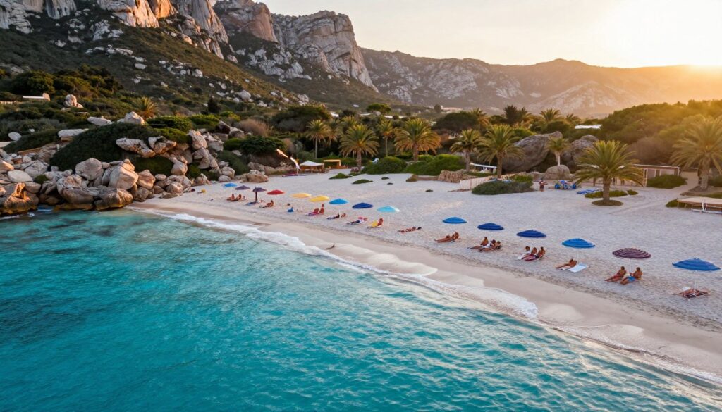 A stunning aerial view of the most beautiful beaches of Sardinia, showcasing the crystal-clear turquoise waters lapping against soft, white sandy shores. In the foreground, vibrant beach umbrellas in various colors dot the shoreline, while sunbathers in modest beachwear relax on the sand. The middle ground features gently swaying palm trees and rocky outcrops covered in greenery, adding depth and richness to the scene. In the background, dramatic cliffs rise above the coastline, bathed in warm golden light as the sun sets behind them, casting a serene glow over the landscape. The image conveys a tranquil, inviting atmosphere, perfect for showcasing the natural beauty of Sardinia's beaches, captured with a wide-angle lens to highlight the sweeping vistas.