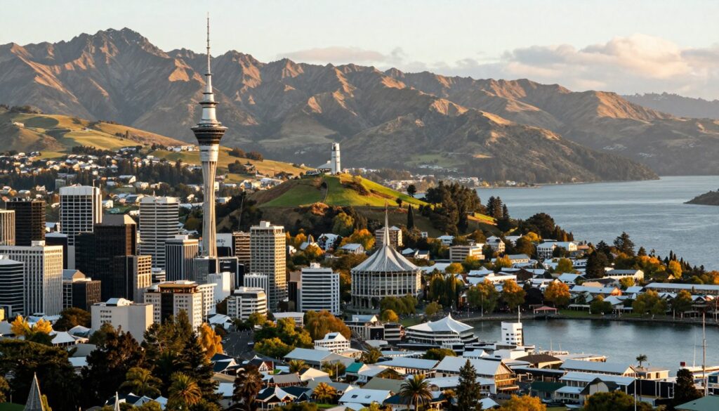 A stunning panoramic view of New Zealand's key cities and regions. In the foreground, showcase the vibrant cityscape of Auckland, featuring the Sky Tower and bustling waterfront. Transitioning to the middle ground, depict Wellington, with its iconic hills and the Beehive building, surrounded by lush greenery. In the background, capture the majestic landscapes of the South Island, highlighting the Southern Alps and the serene lakes of Queenstown and Te Anau. The scene is bathed in soft, golden light of early morning, creating a warm and inviting atmosphere. Use a wide-angle lens to provide a comprehensive view of these diverse regions, emphasizing both urban and natural beauty. The mood should be uplifting and harmonious, showcasing the rich cultural and geographic diversity of New Zealand.