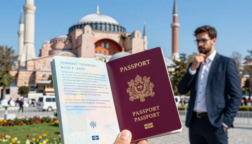 A temporary passport prominently displayed on a vibrant Turkish landscape backdrop, showcasing iconic elements like the Hagia Sophia and the Bosphorus Strait. In the foreground, the passport is open to reveal its contents, with clear, distinct pages visible, capturing the essence of international travel. The middle ground features a traveler dressed in professional business attire, examining the passport thoughtfully, symbolizing preparation for the journey. The background is a bright, sunny day with a clear blue sky, creating an atmosphere of optimism and adventure. Soft, natural lighting accentuates the details of the passport and the architectural marvels, while a shallow depth of field focuses on the passport and the traveler, blurring the background slightly to draw attention to the central subject. A temporary passport prominently displayed on a vibrant Turkish landscape backdrop, showcasing iconic elements like the Hagia Sophia and the Bosphorus Strait. In the foreground, the passport is open to reveal its contents, with clear, distinct pages visible, capturing the essence of international travel. The middle ground features a traveler dressed in professional business attire, examining the passport thoughtfully, symbolizing preparation for the journey. The background is a bright, sunny day with a clear blue sky, creating an atmosphere of optimism and adventure. Soft, natural lighting accentuates the details of the passport and the architectural marvels, while a shallow depth of field focuses on the passport and the traveler, blurring the background slightly to draw attention to the central subject.