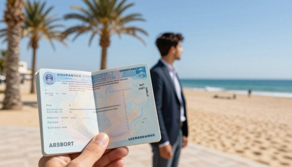 A temporary travel document against a backdrop of a Tunisian landscape. The foreground features the shimmering blue pages of a temporary passport, slightly open to reveal essential identification details. In the middle, a person, dressed in smart casual attire, is holding the passport while looking thoughtfully towards the sea in the distance. The background showcases a picturesque scene of a Tunisian beach, with golden sands and palm trees swaying gently in the breeze, under a bright and clear blue sky. The lighting is warm and inviting, casting soft shadows, creating a serene and contemplative atmosphere, perfect for a travel discussion.