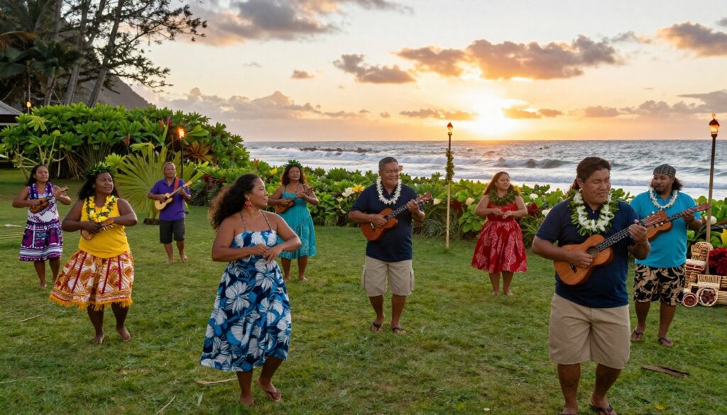 A vibrant and colorful scene depicting the diverse residents of Hawaii engaged in traditional cultural activities. In the foreground, a group of individuals of different ethnicities, dressed in modest casual clothing, are dancing hula and playing ukuleles. Their expressions reflect joy and community. In the middle ground, lush tropical vegetation, traditional Hawaiian torches, and woven crafts showcase the richness of Hawaiian culture. The background features stunning ocean views, with gentle waves and a setting sun casting warm golden light over the scene, enhancing the atmosphere of tranquility and celebration. The composition is framed using a slight upward angle to emphasize the beauty of both the people and the natural landscape, creating a harmonious blend of culture and environment.