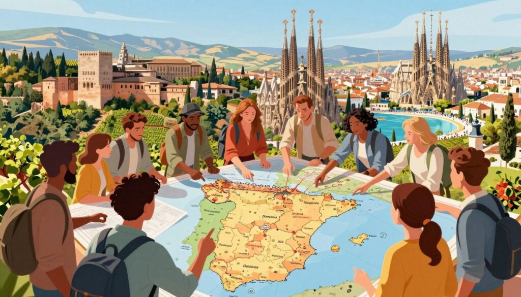 A vibrant and detailed illustration depicting the planning of a trip across Spain by region. In the foreground, a diverse group of travelers, dressed in casual yet professional clothing, are gathered around a large map of Spain, pointing enthusiastically at various regions. In the middle ground, a beautiful landscape showcasing iconic Spanish landmarks, such as the Alhambra, Gaudí's Sagrada Familia, and sun-soaked beaches, is visible. The background features a picturesque panorama of rolling hills and vineyards, typical of Spain's varied geography. The lighting is bright and inviting, suggesting a sunny day, with a warm atmosphere full of excitement and adventure. The image should be captured from a slightly elevated angle, providing a comprehensive view of the map and the landscape, creating an engaging and informative visual for readers. A vibrant and detailed illustration depicting the planning of a trip across Spain by region. In the foreground, a diverse group of travelers, dressed in casual yet professional clothing, are gathered around a large map of Spain, pointing enthusiastically at various regions. In the middle ground, a beautiful landscape showcasing iconic Spanish landmarks, such as the Alhambra, Gaudí's Sagrada Familia, and sun-soaked beaches, is visible. The background features a picturesque panorama of rolling hills and vineyards, typical of Spain's varied geography. The lighting is bright and inviting, suggesting a sunny day, with a warm atmosphere full of excitement and adventure. The image should be captured from a slightly elevated angle, providing a comprehensive view of the map and the landscape, creating an engaging and informative visual for readers.