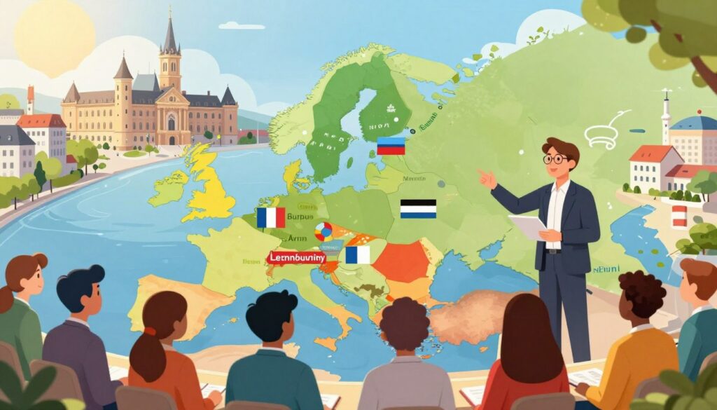 A vibrant and educational illustration showcasing the languages spoken in Luxembourg. In the foreground, a professional-looking person dressed in business attire is enthusiastically teaching a small group of diverse individuals, portraying cultural exchange and linguistic learning. The middle layer features a large, colorful map of Luxembourg with flags representing Luxembourgish, French, and German, subtly integrated into the design. In the background, a picturesque Luxembourg cityscape captures iconic architecture, such as the Grand Ducal Palace and modern buildings, under a bright, sunny sky for an uplifting atmosphere. The scene is well-lit, with soft sunlight enhancing the colors, creating an inviting mood. The overall composition conveys a sense of unity and appreciation for the multilingual culture of Luxembourg without any text or overlays.