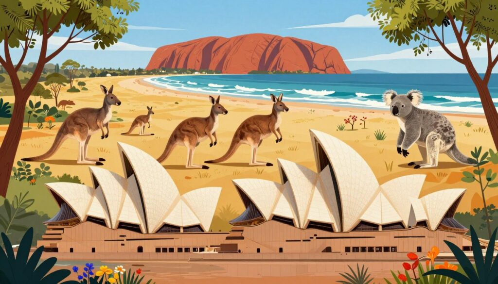A vibrant and informative travel-themed illustration showcasing Australia, emphasizing its geographic features. In the foreground, feature iconic Australian landmarks like the Sydney Opera House and Uluru, surrounded by lush native flora such as eucalyptus trees and vibrant wildflowers. The middle ground displays a diverse range of wildlife, including kangaroos and koalas, set against a backdrop of the rugged Outback and golden beaches. In the background, depict the surrounding oceans, with gentle waves and a clear blue sky, perhaps a distant view of the Great Barrier Reef. Use warm, natural lighting to evoke a welcoming atmosphere, capturing the essence of Australia's beauty. Maintain a professional and clean aesthetic, ensuring no text or branding is included.