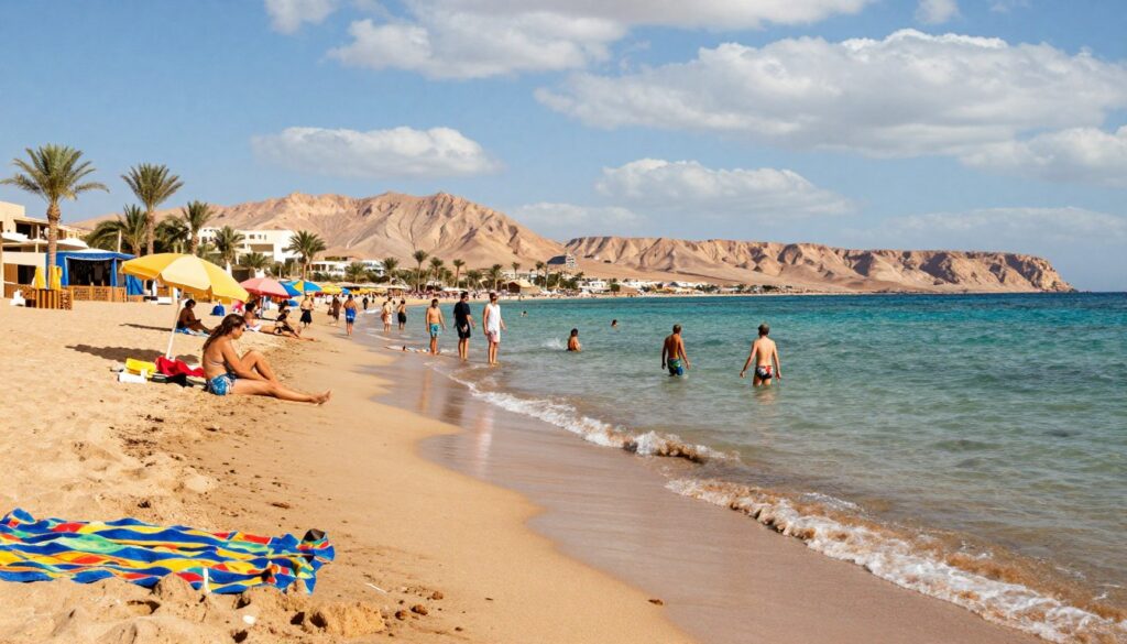 A vibrant beach scene depicting the ideal climate and weather for a vacation at the Red Sea in Egypt. In the foreground, showcase gentle waves lapping at a sandy shore with colorful beach towels and umbrellas. The middle section features cheerful tourists, dressed in modest casual clothing, enjoying sunbathing and beach activities, while others explore the crystal-clear water. In the background, majestic mountains and palm trees frame the scene under a bright blue sky, dotted with soft white clouds. The lighting is warm and inviting, capturing the essence of a sunny day at the beach. The atmosphere conveys relaxation and tranquility, ideal for travelers seeking the ultimate getaway in Egypt's pristine coastal environment.