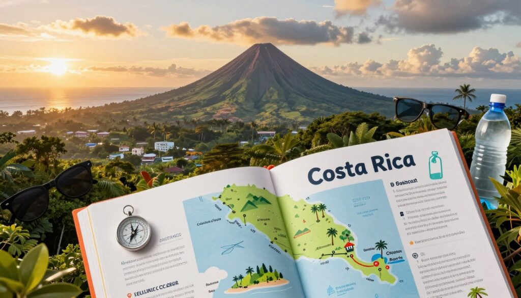 A vibrant collage showcasing essential travel information for Costa Rica, emphasizing the country's geographical placement between the Pacific Ocean and the Caribbean Sea. In the foreground, depict an inviting travel guidebook open, with illustrated maps and highlights of Costa Rica’s attractions like rainforests and beaches. In the middle, feature iconic landmarks such as volcanoes and lush jungles, surrounded by symbols of travel essentials like a compass, sunglasses, and a water bottle. The background should show a beautiful sunset over both oceans, casting warm golden light across the scene. The mood is adventurous and inviting, inspiring readers to explore Costa Rica. Use a wide-angle perspective to capture the breadth of the landscape and ensure all elements have a cohesive, harmonious look. A vibrant collage showcasing essential travel information for Costa Rica, emphasizing the country's geographical placement between the Pacific Ocean and the Caribbean Sea. In the foreground, depict an inviting travel guidebook open, with illustrated maps and highlights of Costa Rica’s attractions like rainforests and beaches. In the middle, feature iconic landmarks such as volcanoes and lush jungles, surrounded by symbols of travel essentials like a compass, sunglasses, and a water bottle. The background should show a beautiful sunset over both oceans, casting warm golden light across the scene. The mood is adventurous and inviting, inspiring readers to explore Costa Rica. Use a wide-angle perspective to capture the breadth of the landscape and ensure all elements have a cohesive, harmonious look.