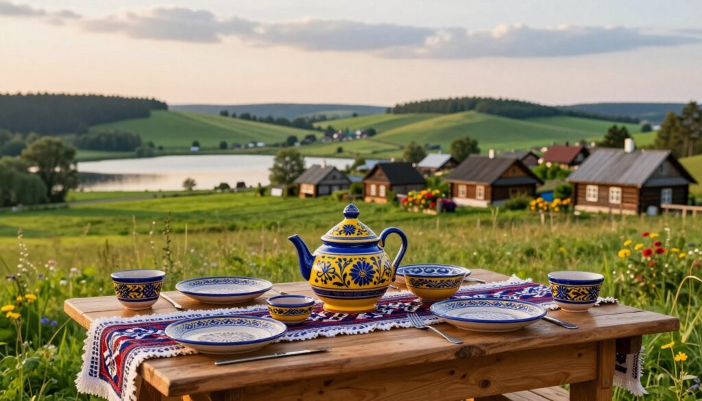 A vibrant depiction of Kashubian culture, showcasing traditional symbols and the Kaszubian language. In the foreground, a wooden table set with handcrafted Kashubian pottery and intricate textile patterns, featuring the characteristic blue and yellow colors. In the middle ground, a scenic landscape of the Kashubian countryside, including rolling hills, lush green fields, and a serene lake reflecting the sky. The background features a quaint village with traditional Kashubian wooden houses adorned with colorful flowers. Soft, warm lighting creates a welcoming atmosphere, with a golden hour glow enhancing the natural beauty of the region. Capture a harmonious blend of cultural elements that evoke a sense of pride and heritage, celebrating the unique identity of the Kashubian people.
