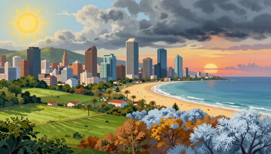 A vibrant, detailed illustration showcasing the climate of Uruguay throughout the year. In the foreground, depict a seasonal landscape that transitions from summer to winter, featuring lush green fields and golden beaches in the summer, shifting to a cooler, autumn scene with fallen leaves and frost in winter. The middle ground should illustrate iconic Uruguayan landmarks like Montevideo's skyline under varying skies, symbolizing different weather conditions—sunny, cloudy, and rainy. The background should feature rolling hills and the Atlantic Ocean, with the sun setting on the horizon, casting warm hues. The atmosphere should evoke a sense of seasonal change and natural beauty, with soft, natural lighting. Use a slightly elevated angle to capture the richness of the diverse climate, ensuring a harmonious blend of colors and textures.