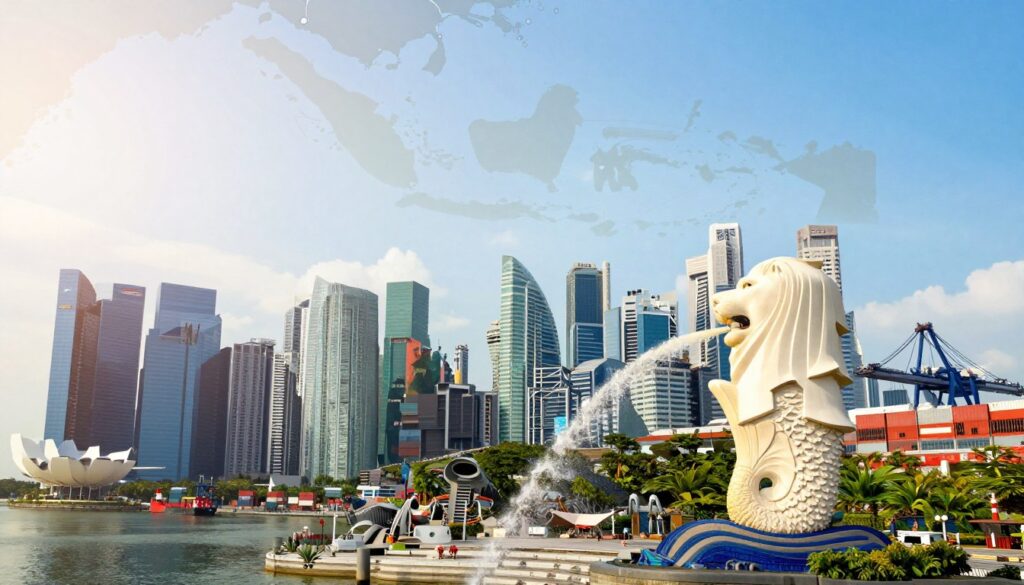 A vibrant illustration of Singapore's strategic location in Southeast Asia, highlighting its significance for business. In the foreground, a modern skyline featuring iconic skyscrapers like Marina Bay Sands and the Merlion, surrounded by lush greenery. In the middle ground, a busy port scene with container ships and cranes, showcasing economic activity. In the background, a map overlay subtly depicting Singapore's connections to neighboring countries like Malaysia and Indonesia. The image is bathed in warm, natural sunlight, creating a bright and inviting atmosphere. The angle is slightly elevated, offering a comprehensive view of the city and its bustling activities, conveying an atmosphere of growth, opportunity, and global connectivity. A vibrant illustration of Singapore's strategic location in Southeast Asia, highlighting its significance for business. In the foreground, a modern skyline featuring iconic skyscrapers like Marina Bay Sands and the Merlion, surrounded by lush greenery. In the middle ground, a busy port scene with container ships and cranes, showcasing economic activity. In the background, a map overlay subtly depicting Singapore's connections to neighboring countries like Malaysia and Indonesia. The image is bathed in warm, natural sunlight, creating a bright and inviting atmosphere. The angle is slightly elevated, offering a comprehensive view of the city and its bustling activities, conveying an atmosphere of growth, opportunity, and global connectivity.