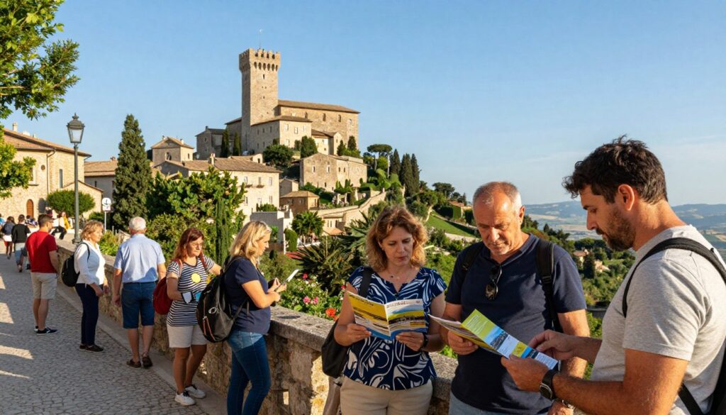 A vibrant, informative travel scene set in San Marino, showcasing the historical architecture and picturesque landscapes. In the foreground, a diverse group of tourists, casually dressed in comfortable yet modest clothing, are examining a colorful travel brochure. The middle ground features iconic landmarks like the Guaita and Cesta towers, surrounded by lush greenery and winding cobblestone streets. In the background, the charming cityscape of San Marino rises against a clear blue sky. The image is bathed in warm, natural light, giving a welcoming and optimistic atmosphere, inviting travelers to explore this hidden gem. The perspective is slightly elevated, capturing both the tourists' enthusiasm and the majestic architecture of the city.