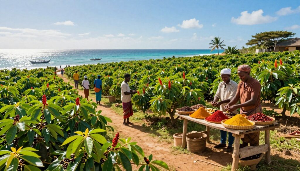A vibrant landscape of Spice Island, Zanzibar, showcasing lush spice plantations with vivid green foliage and colorful spice plants, including clove, nutmeg, and cinnamon. In the foreground, a well-tended path lined with fragrant spices leads to a rustic wooden stall adorned with spice bundles. The middle ground features local farmers in modest casual clothing, carefully harvesting spices, their smiles radiating the island’s rich culture. The background reveals the stunning Indian Ocean shimmering under a bright blue sky, with a few traditional dhows anchored offshore. The scene is illuminated by warm, golden sunlight, creating a cheerful and inviting atmosphere, emphasizing the island’s reputation as the "Spice Island." The angle is slightly elevated, capturing the full expanse of the plantation and ocean.