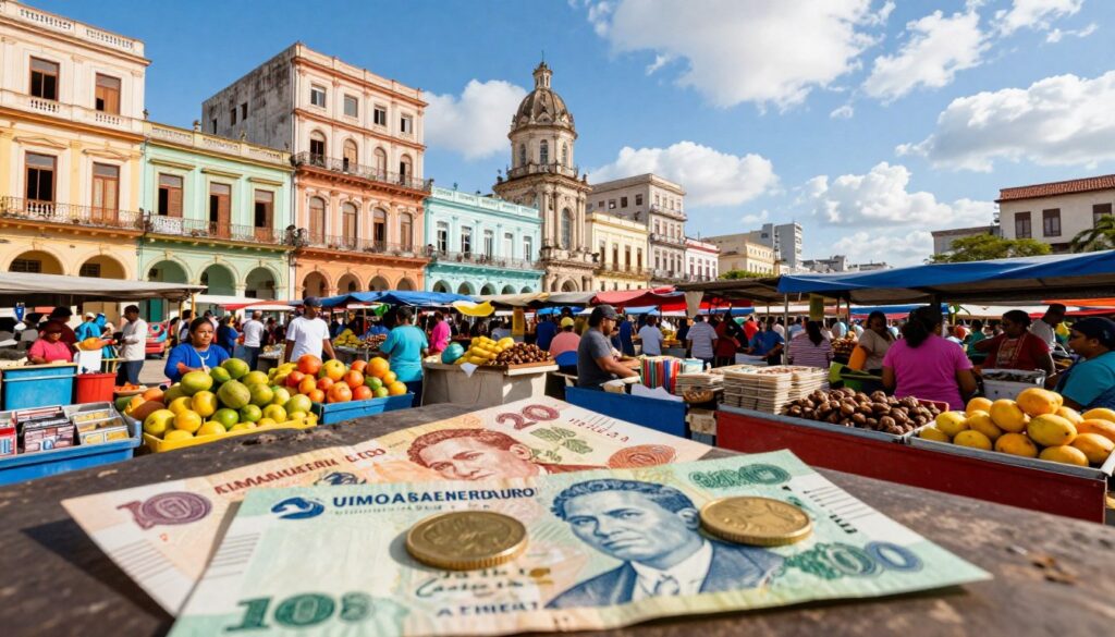 A vibrant market scene in Cuba, showcasing the local currency, colorful banknotes, and coins placed prominently in the foreground. In the middle ground, a bustling marketplace with vendors selling fresh fruits, souvenirs, and traditional Cuban food, illustrating the cost of living. The background features a picturesque view of Havana’s iconic architecture, with pastel-colored buildings under a bright blue sky and fluffy white clouds. The lighting is warm and inviting, creating a cheerful atmosphere. The angle is slightly elevated, capturing both the vivid details of the market and the stunning skyline of Havana, reflecting the vibrant life and economic aspects of staying in Cuba.
