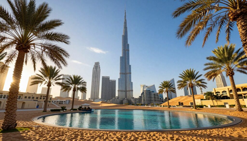 A vibrant scene capturing the climate and weather conditions in Dubai, showcasing a sun-drenched desert landscape. In the foreground, illustrate a shimmering oasis surrounded by lush palm trees, casting soft shadows under the bright sunlight. The middle ground features the iconic skyline of Dubai, highlighting the Burj Khalifa against a clear blue sky with minimal clouds. In the background, depict gentle sand dunes reflecting the warm hues of the setting sun. Use a dynamic angle to create depth, emphasizing the contrast between urban architecture and natural desert environment. The atmosphere should evoke a sense of warmth and dryness, characteristic of Dubai's climate, inviting viewers to appreciate its geographical location.