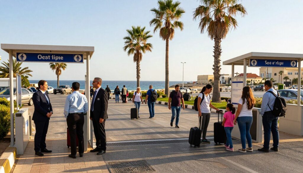 A vibrant scene capturing the entrance to Lebanon with a focus on tourist safety. In the foreground, a welcoming customs checkpoint, featuring friendly staff dressed in professional attire, ready to assist visitors. The middle ground showcases travelers, including families and solo adventurers, carrying luggage and looking reassured as they enter the country. The background features a stunning view of the Mediterranean coastline, with palm trees swaying gently in the breeze and historical architecture peeking through. The sky is clear, bathed in warm, golden sunlight, creating an inviting atmosphere. The image is composed with a wide-angle lens to encompass the lively setting, aiming for a balanced perspective that highlights both the entry point and the stunning natural beauty of Lebanon.