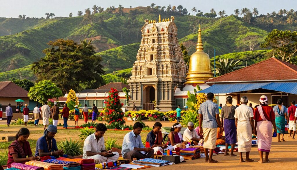 A vibrant scene capturing the rich culture and religion of Sri Lanka. In the foreground, a group of Sri Lankan people of diverse backgrounds, dressed in traditional attire and modest casual clothing, are engaged in a lively market, showcasing colorful textiles and handmade crafts. In the middle ground, a majestic Buddhist temple with intricate carvings and golden stupas stands prominently, surrounded by lush greenery and vibrant flowers. The background reveals the rolling hills and tea plantations typical of Sri Lanka, bathed in warm, golden sunlight. The atmosphere is festive and serene, evoking a sense of community, spirituality, and the everyday life of the locals. The image should be bright and inviting, with the soft sunlight casting gentle shadows that enhance the details of the scene.