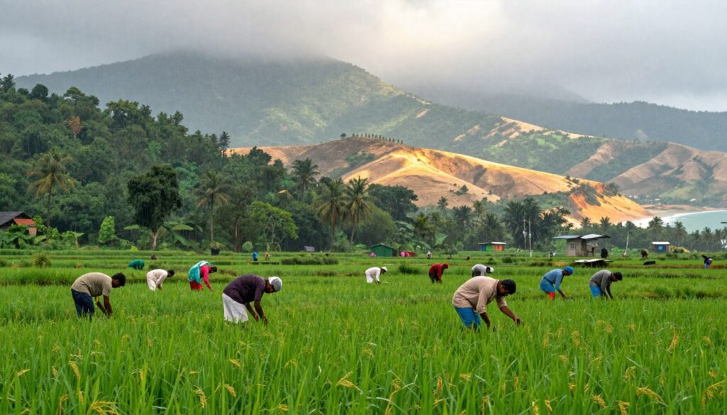 A vibrant scene depicting the diverse climate of India, highlighting the monsoon season. In the foreground, lush green rice fields glisten with rain, while farmers in modest attire work the land, celebrating the life-giving rains. The middle ground features rolling hills and dense forests transitioning to arid regions, showcasing India's climatic diversity, with patches of sunlight breaking through grey clouds. In the background, distant mountains are shrouded in mist, representing the cooler temperatures of northern regions contrasted with the warm, sunny southern coasts. The overall atmosphere is dynamic and fresh, illuminated by soft, diffused lighting typical of a monsoon day, capturing both the beauty and complexity of India's seasonal changes. A vibrant scene depicting the diverse climate of India, highlighting the monsoon season. In the foreground, lush green rice fields glisten with rain, while farmers in modest attire work the land, celebrating the life-giving rains. The middle ground features rolling hills and dense forests transitioning to arid regions, showcasing India's climatic diversity, with patches of sunlight breaking through grey clouds. In the background, distant mountains are shrouded in mist, representing the cooler temperatures of northern regions contrasted with the warm, sunny southern coasts. The overall atmosphere is dynamic and fresh, illuminated by soft, diffused lighting typical of a monsoon day, capturing both the beauty and complexity of India's seasonal changes.