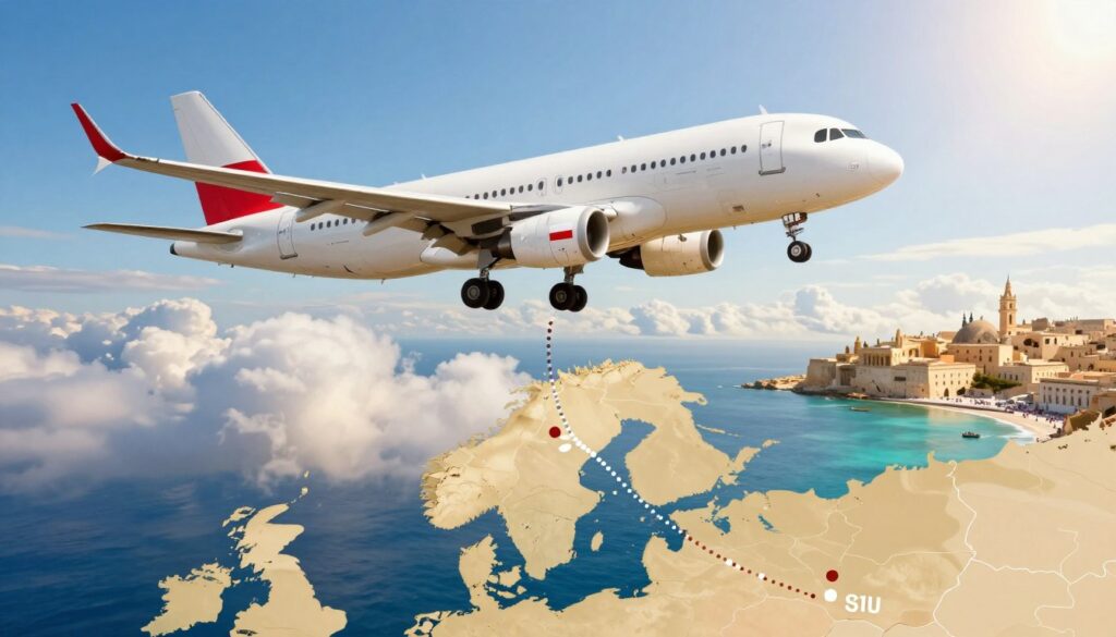 A vibrant scene illustrating a flight route from Poland to Malta, highlighting a beautiful airplane soaring above the clouds. In the foreground, the airplane, detailed with the Polish flag on its tail, contrasts against a bright blue sky. In the middle, picturesque clouds create a soft backdrop, while below, a stylized map indicates the distance and a dotted flight path connecting Poland and Malta. The background showcases the Mediterranean coastline of Malta, with its turquoise waters and historic architecture visible in the distance. The lighting is warm and inviting, suggesting a sunny day, evoking a sense of adventure and wanderlust. This composition captures the excitement of traveling from Poland to the stunning island of Malta.