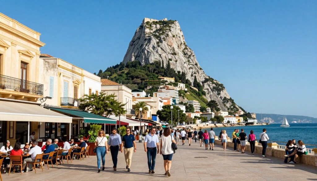 A vibrant scene of downtown Gibraltar showcasing its iconic attractions. In the foreground, a lively plaza filled with people in smart casual attire, enjoying the warm Mediterranean sun. The middle ground features the famous Gibraltar Rock, towering majestically against a clear blue sky, with lush greenery visible at its base. Cafés with colorful awnings line the streets, inviting passersby to relax. In the background, the shimmering sea stretches out toward distant coastlines, with sailboats gently bobbing on the waves. The atmosphere is cheerful and bustling, capturing the unique blend of British and Mediterranean culture. Natural lighting highlights the architecture, providing a bright and inviting ambiance. The composition should be slightly angled to emphasize depth and perspective, inviting viewers to explore the charming streets of Gibraltar.