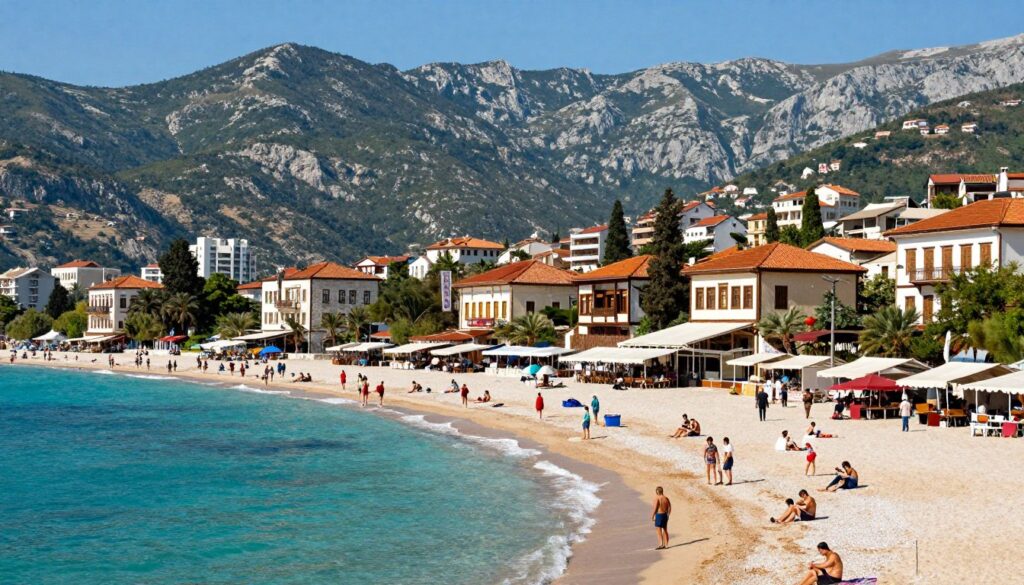 A vibrant scene showcasing the diverse climate, cities, and tourist attractions of Albania. In the foreground, depict the picturesque coastline of the Albanian Riviera with crystal-clear turquoise waters, sandy beaches, and beachgoers enjoying leisure activities. In the middle ground, illustrate a charming cityscape of Tirana, featuring colorful buildings, bustling markets, and locals wearing modest casual clothing. The background should display the enchanting Albanian mountains, cloaked in greenery, with a clear blue sky overhead, suggesting a sunny day. Use warm, natural lighting to evoke a lively and inviting atmosphere. The composition should be balanced, capturing the essence of Albania's rich culture and breathtaking landscapes from a slightly elevated angle for a panoramic view.