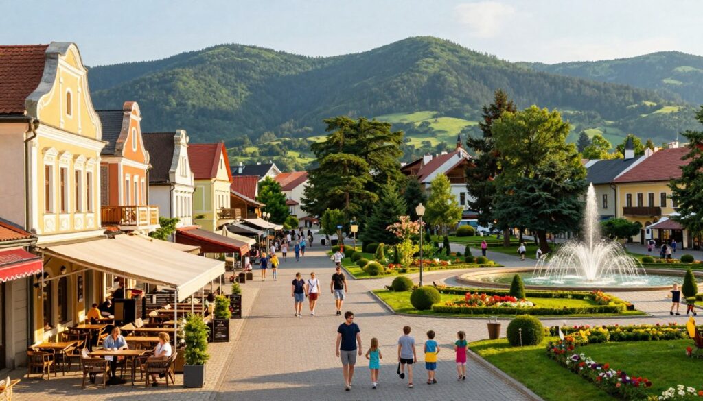 A vibrant summer day in the heart of Krynica-Zdrój, showcasing its most popular attractions. In the foreground, a picturesque street lined with charming, ornate buildings featuring traditional architecture, inviting cafés with outdoor seating. In the middle ground, visitors stroll along a vibrant park, admiring the beautifully landscaped gardens and fountains, children playing nearby. The background includes lush green hills of the Beskid Mountains, creating a serene backdrop. The scene is illuminated by warm, golden sunlight, casting soft shadows, enhancing the lively atmosphere. Capture this idyllic setting with a wide-angle lens to convey the bustling activity and inviting charm of the resort town, promoting feelings of relaxation and joy.