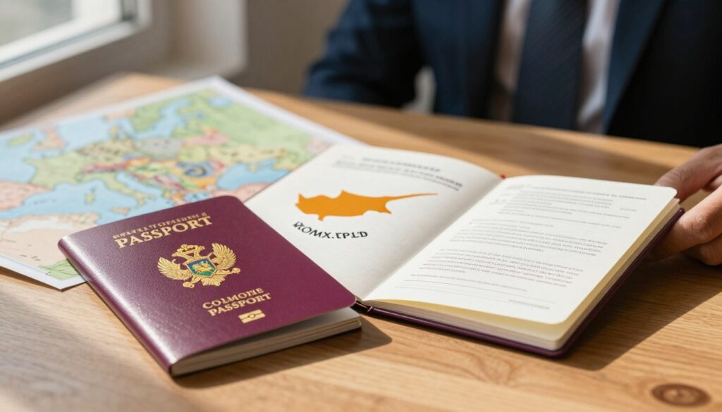 A visually engaging composition showcasing travel documents on a wooden desk. In the foreground, a stylish passport for Turkey, featuring vibrant colors and the national emblem. Next to it, an official travel document for Cyprus, slightly open to reveal its detailed contents. In the background, a subtle view of a map highlighting Montenegro, with soft focus to emphasize the travel theme. The lighting is warm and inviting, streaming in from a nearby window, casting gentle shadows. The atmosphere is one of adventure and discovery, reflecting the excitement of traveling to these unique destinations, featuring professional business attire subtly blended into the environment, evoking a sense of serious travel planning. A visually engaging composition showcasing travel documents on a wooden desk. In the foreground, a stylish passport for Turkey, featuring vibrant colors and the national emblem. Next to it, an official travel document for Cyprus, slightly open to reveal its detailed contents. In the background, a subtle view of a map highlighting Montenegro, with soft focus to emphasize the travel theme. The lighting is warm and inviting, streaming in from a nearby window, casting gentle shadows. The atmosphere is one of adventure and discovery, reflecting the excitement of traveling to these unique destinations, featuring professional business attire subtly blended into the environment, evoking a sense of serious travel planning.