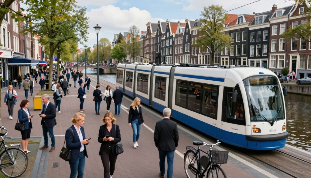 A welcoming view of Amsterdam's public transport scene during the day, featuring a vibrant tram station bustling with commuters dressed in professional attire. In the foreground, a modern tram is arriving, its sleek design showcasing Amsterdam's efficient transport system. In the middle ground, people are seen waiting, chatting, and checking their smartphones, with bicycles parked nearby, emphasizing the city's bike-friendly culture. The background highlights iconic Amsterdam architecture, including traditional canal houses and the gentle curve of a canal reflecting blue skies. Soft, natural lighting enhances the atmosphere, creating a lively yet organized feel. The angle is slightly elevated, capturing the dynamic interactions of the commuters and the beauty of the city.