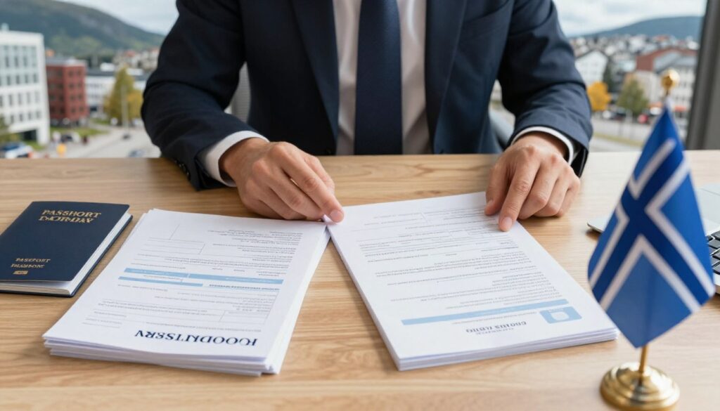 A well-organized desk scene representing the formalities of residence in Norway. In the foreground, a neatly arranged stack of official documents, including passport application forms and residency permits, with a blue Norwegian flag subtly placed beside them. The middle ground features a professional individual, dressed in business attire, reviewing the documents, highlighting a sense of seriousness and diligence. The background shows a soft-focus view of an urban Norwegian landscape with modern architecture and natural scenery, suggesting a connection to living in Norway. The lighting is warm and inviting, creating a welcoming atmosphere that encourages exploration and understanding of residency requirements. Capture this scene from a slightly elevated angle to enhance the depth and clarity of each layer.