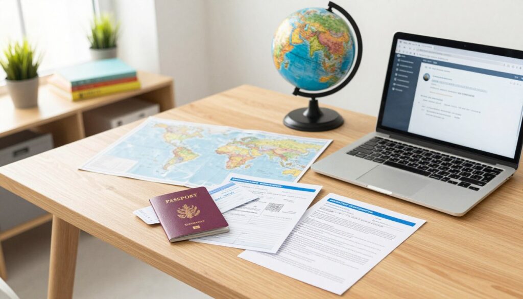 A well-organized travel preparation scene featuring a stylish wooden desk in a well-lit, modern office environment. In the foreground, neatly arranged travel documents including a passport, boarding pass, and travel insurance papers lie next to a laptop displaying an email confirmation. A globe and a world map are subtly placed in the middle, evoking a sense of adventure and exploration. The background features a shelf with travel books and a potted plant, adding a touch of green. Use bright, natural lighting streaming through a window, creating a warm and inviting atmosphere. The angle is slightly top-down, capturing all elements clearly and enhancing the feeling of meticulous organization and readiness for travel. A well-organized travel preparation scene featuring a stylish wooden desk in a well-lit, modern office environment. In the foreground, neatly arranged travel documents including a passport, boarding pass, and travel insurance papers lie next to a laptop displaying an email confirmation. A globe and a world map are subtly placed in the middle, evoking a sense of adventure and exploration. The background features a shelf with travel books and a potted plant, adding a touch of green. Use bright, natural lighting streaming through a window, creating a warm and inviting atmosphere. The angle is slightly top-down, capturing all elements clearly and enhancing the feeling of meticulous organization and readiness for travel.