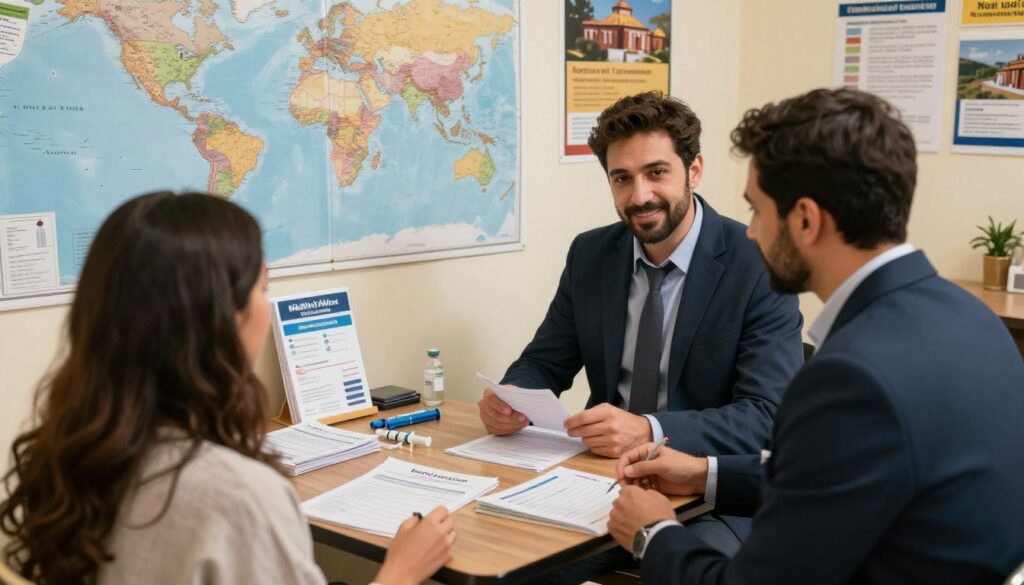 A well-organized travel preparation scene focused on health and vaccinations before a trip to Egypt. In the foreground, a healthcare professional in business attire is discussing vaccination options with a traveler, displaying a friendly and informative demeanor. The middle ground features a table with health pamphlets, syringes, and a vaccination record book, indicating a sense of preparation and seriousness. In the background, a world map highlighting Egypt is pinned on a wall, with travel-related posters and medical charts. The lighting is warm and inviting, conveying a reassuring atmosphere. The perspective is a slight overhead angle, capturing both the travelers and the informative display. The overall mood is professional yet welcoming, emphasizing the importance of health awareness for travelers. A well-organized travel preparation scene focused on health and vaccinations before a trip to Egypt. In the foreground, a healthcare professional in business attire is discussing vaccination options with a traveler, displaying a friendly and informative demeanor. The middle ground features a table with health pamphlets, syringes, and a vaccination record book, indicating a sense of preparation and seriousness. In the background, a world map highlighting Egypt is pinned on a wall, with travel-related posters and medical charts. The lighting is warm and inviting, conveying a reassuring atmosphere. The perspective is a slight overhead angle, capturing both the travelers and the informative display. The overall mood is professional yet welcoming, emphasizing the importance of health awareness for travelers.