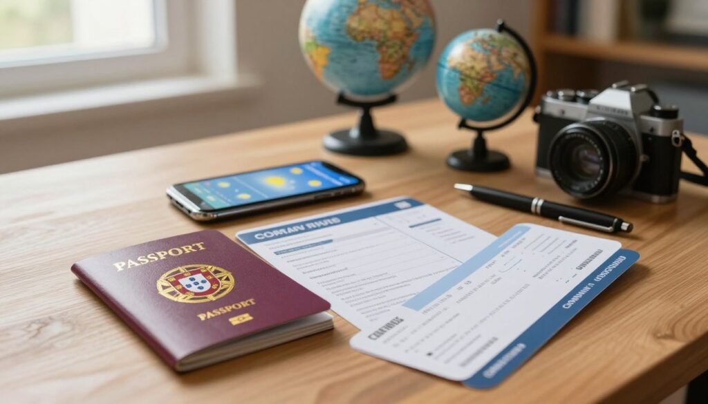 A well-organized travel setup on a wooden table, featuring essential documents before a trip to Portugal. In the foreground, there’s a neatly arranged passport, a travel itinerary, boarding passes, and a pen, suggesting preparation for an important journey. The middle layer showcases a smartphone displaying the weather app while a small globe and a camera hint at travel adventures. The background is softly blurred, depicting a cozy room with a window letting in warm, natural light, creating a calm and focused atmosphere. The composition is shot from a slight overhead angle, emphasizing the documents and travel theme without any people present, ensuring a professional and clean look.