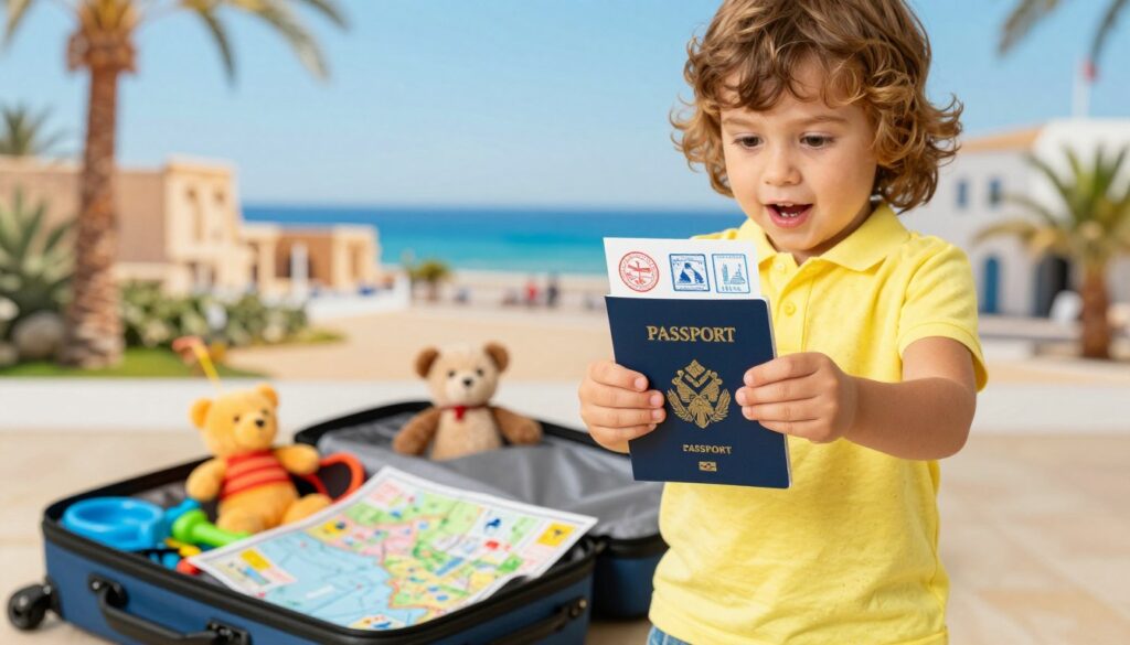 A young child, around six years old, eagerly holds a passport in their small hands, standing in front of a vibrant travel-themed backdrop. The child, dressed in a bright, casual summer outfit, exudes excitement and curiosity about their upcoming trip to Tunisia. In the foreground, the passport is clearly visible, showcasing stamps from previous travels, symbolizing adventure. In the middle ground, a travel bag is partially packed with beach toys, a stuffed animal, and a map of Tunisia, emphasizing the theme of family vacations. The background features a sunny day, possibly with palm trees and hints of Tunisian scenery, like ancient ruins or the Mediterranean Sea. Soft, natural lighting creates a cheerful and inviting atmosphere, capturing the innocence and thrill of travel for children.